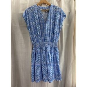 Vineyard Vines Blue White‎ Geometric Smocked Waist V Neck Mini Dress XS Beach